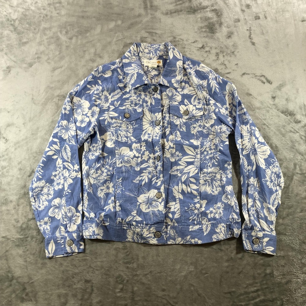 C&C California Jacket Womens Medium Blue Linen Floral Button Front Tropical